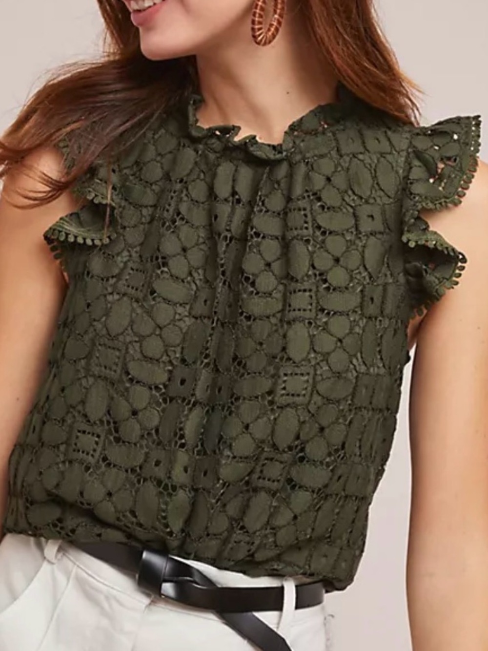 Maeve Olive Angelica Flutter-Sleeved Lace Blouse | Size 10